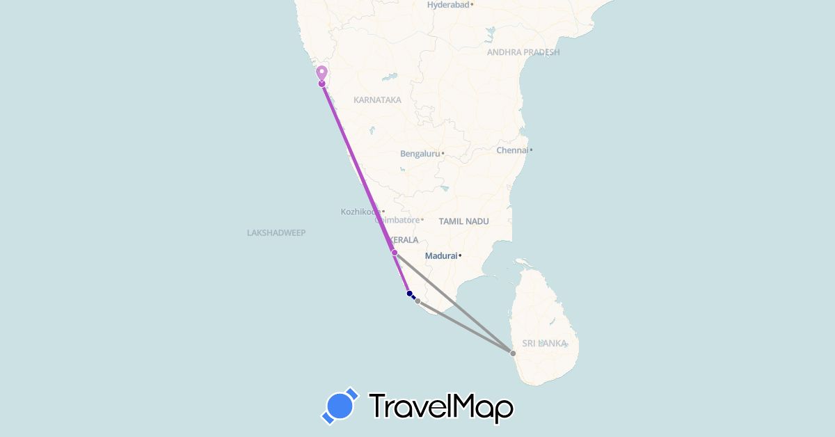 TravelMap itinerary: driving, plane, train in India, Sri Lanka (Asia)